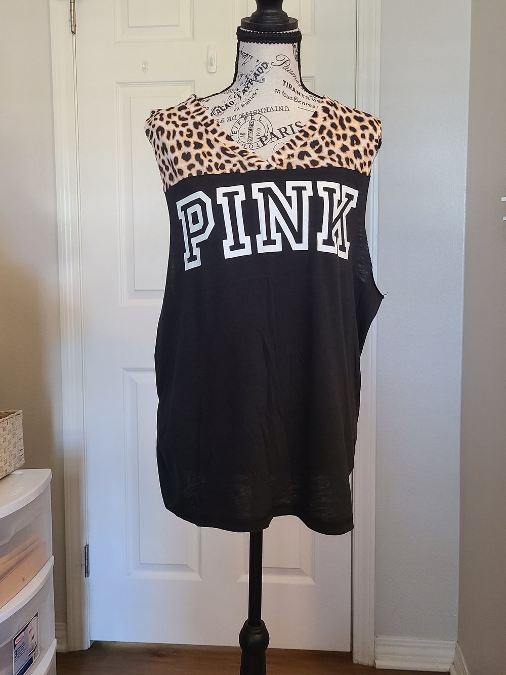 PINK Victoria's Secret Black Tank with Leopard Yoke